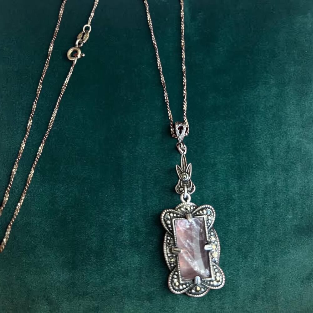 Antique Art Deco Sterling Silver Rose Quartz & Marcasite Pendant Necklace